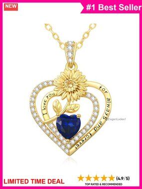 14K Gold Plated Sunflower Heart Birthstone Necklace Hypoallergenic